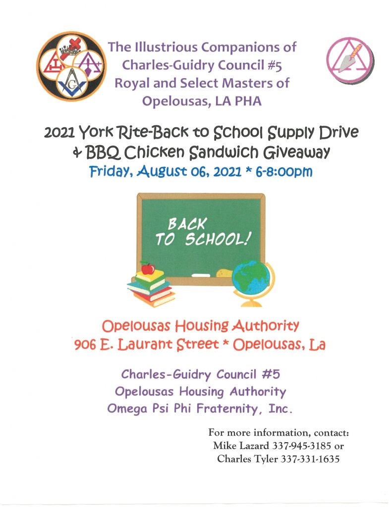 2021 York Rite-Back to School Supply Drive & BBQ Chicken Sandwich Giveaway